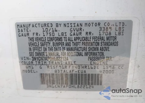 2017 Nissan Versa 1.6 S z USA, uszkodzony, nr VIN 3N1CN7AP0HL822124